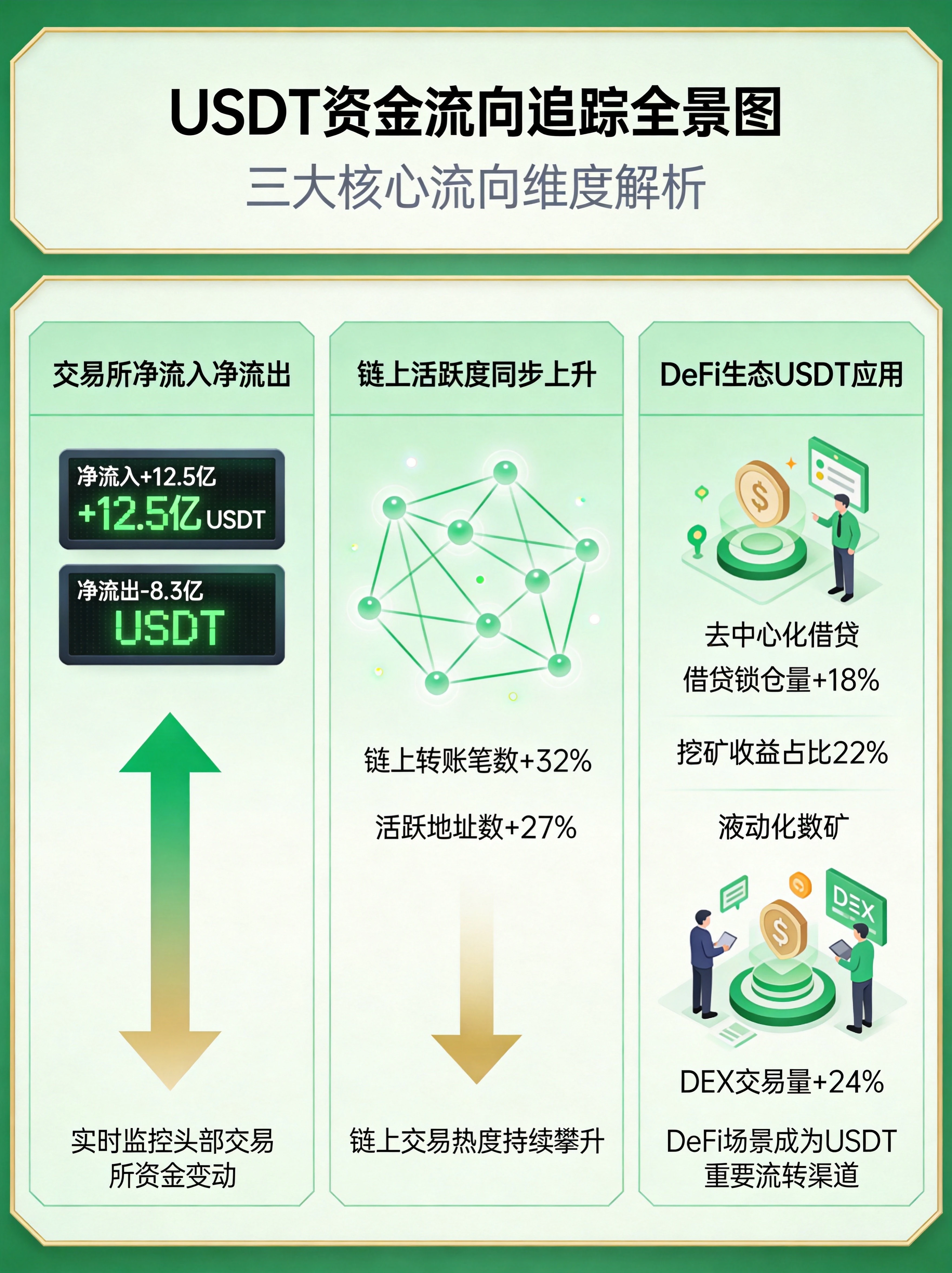 USDT资金流向追踪全景图，交易所余额变化、链上活跃度上升、DeFi生态应用三大维度展示