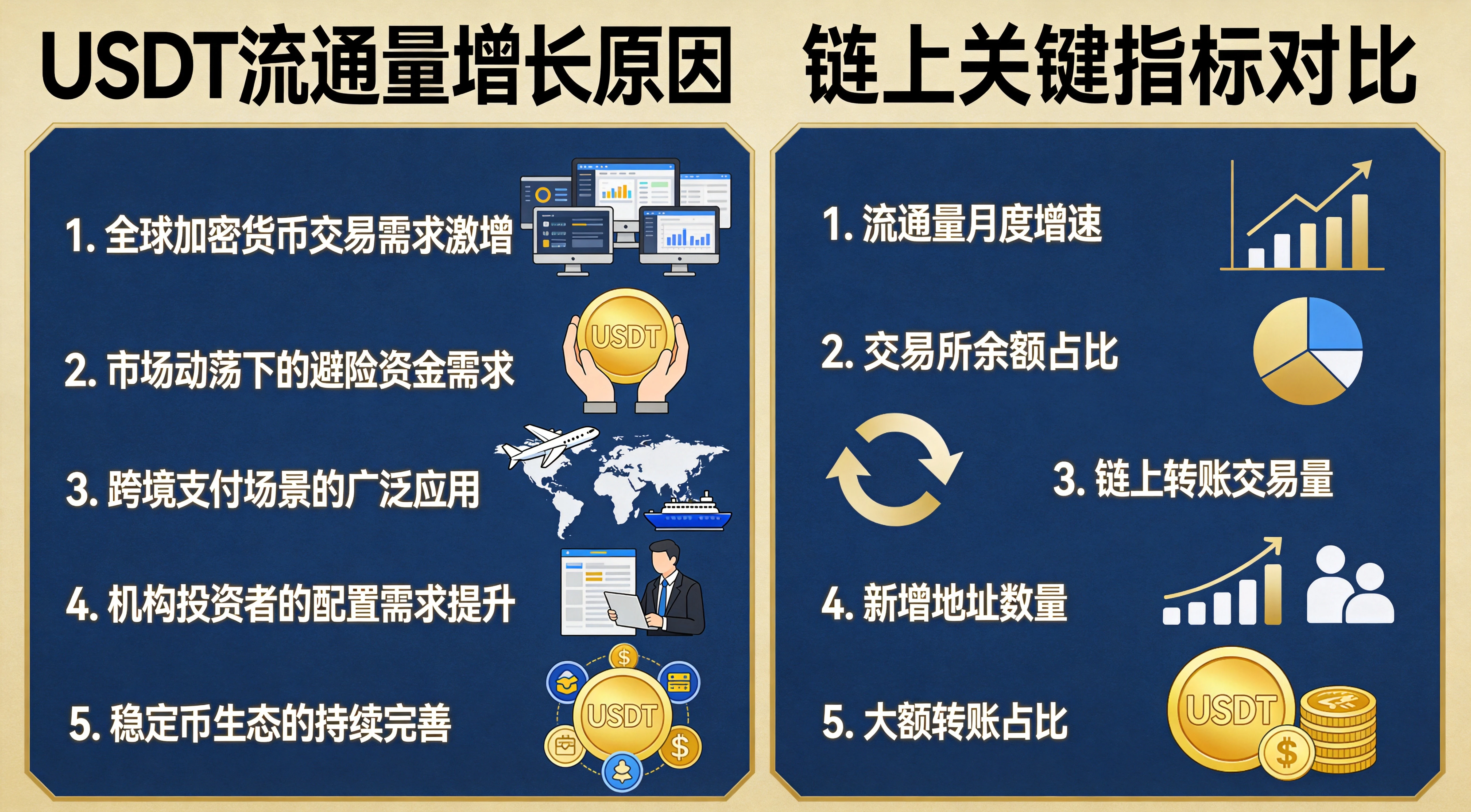 USDT流通量增长原因与链上关键指标对比图，左侧呈现交易需求、避险需求等5项增长原因，右侧列出流通量增速、交易所余额等5项链上指标，金蓝简约信息图风格