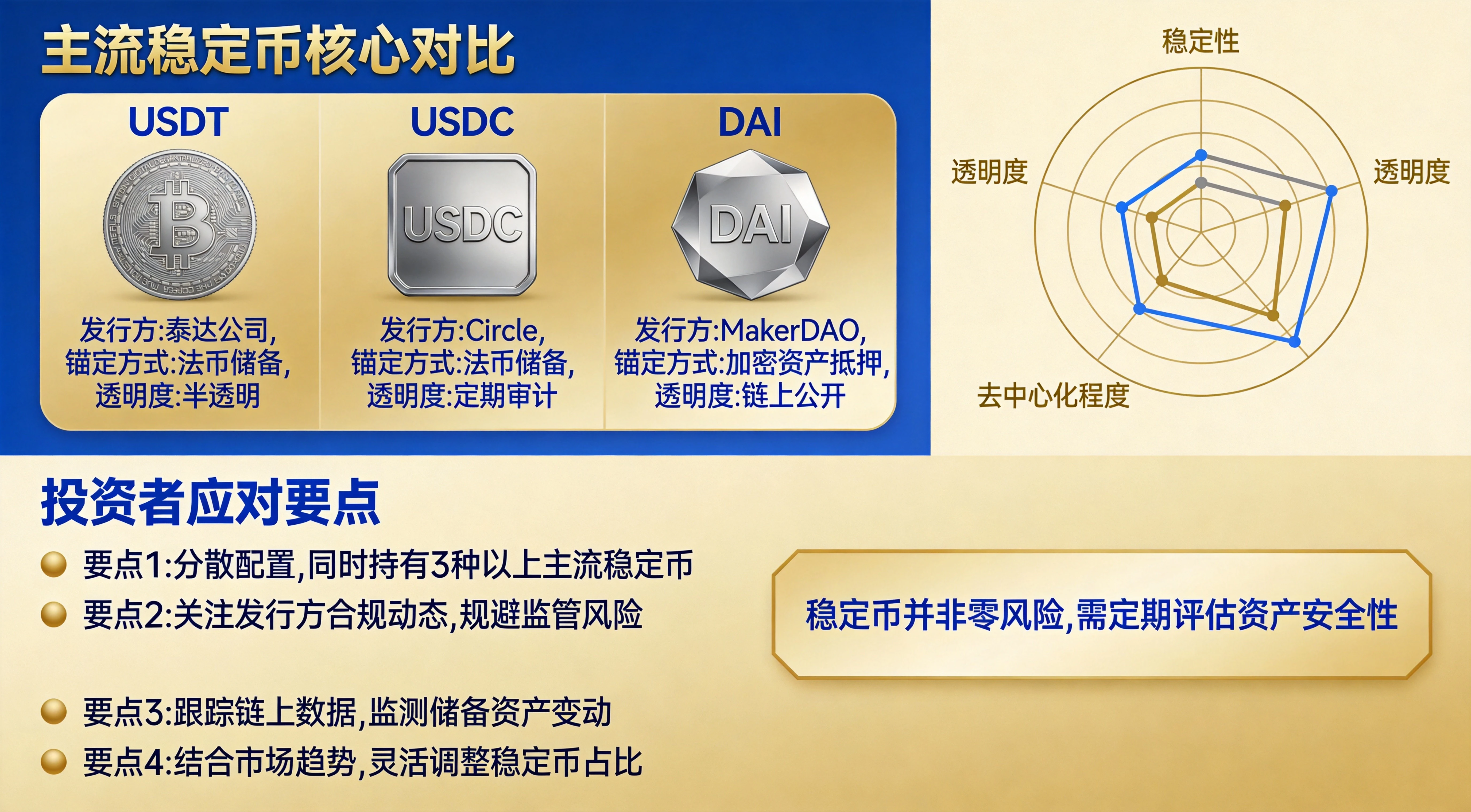 主流稳定币对比与投资者应对策略图，上半部分展示USDT与USDC、DAI等稳定币的核心差异，下半部分列出普通投资者的4项应对要点，金蓝专业信息图风格