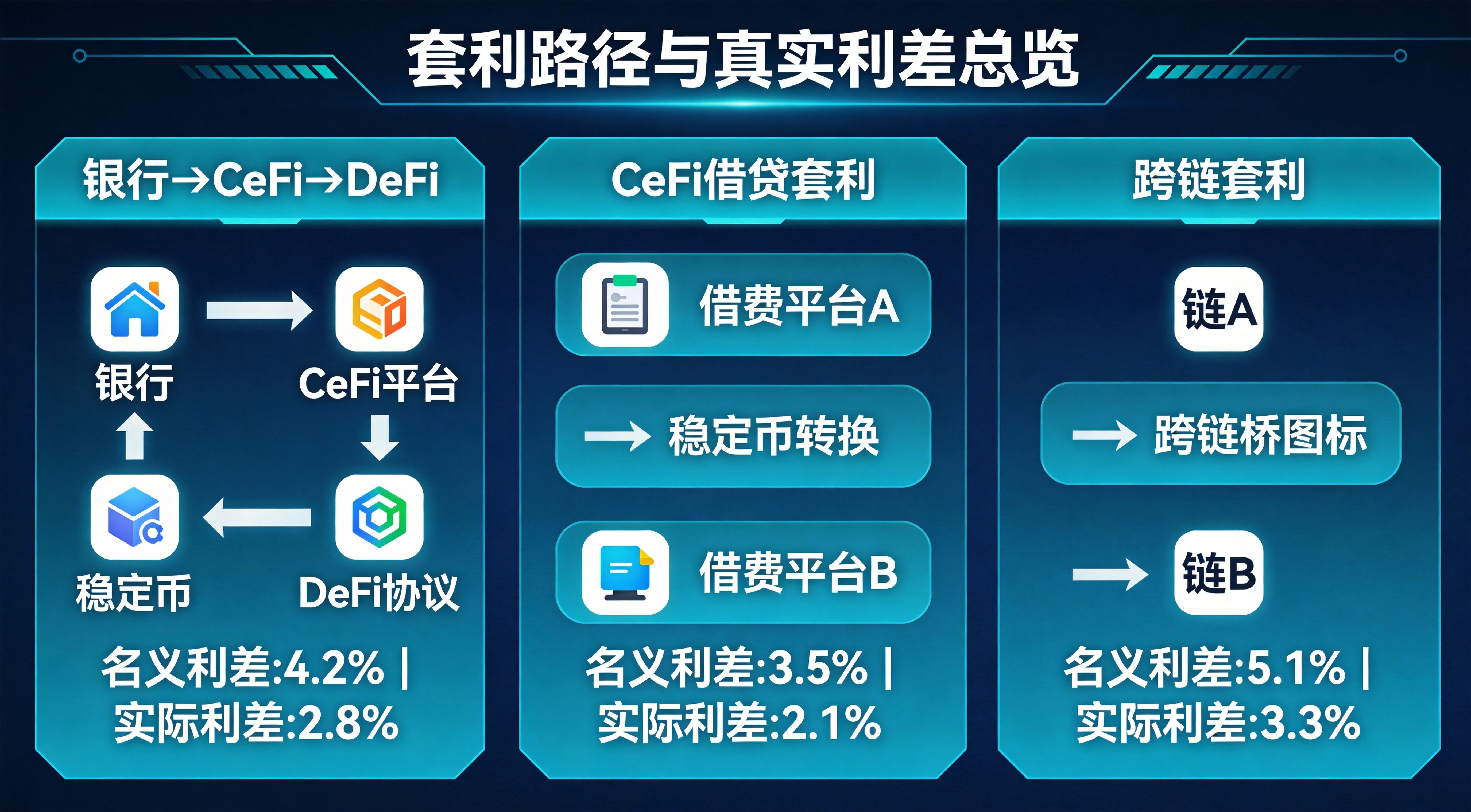 套利路径与真实利差总览图，完整呈现银行→CeFi→DeFi、CeFi借贷套利、跨链套利三种核心套利路径的操作步骤，以及各路径的名义利差和扣除各项成本后的实际利差，帮助读者快速把握套利的核心路径和真实收益空间