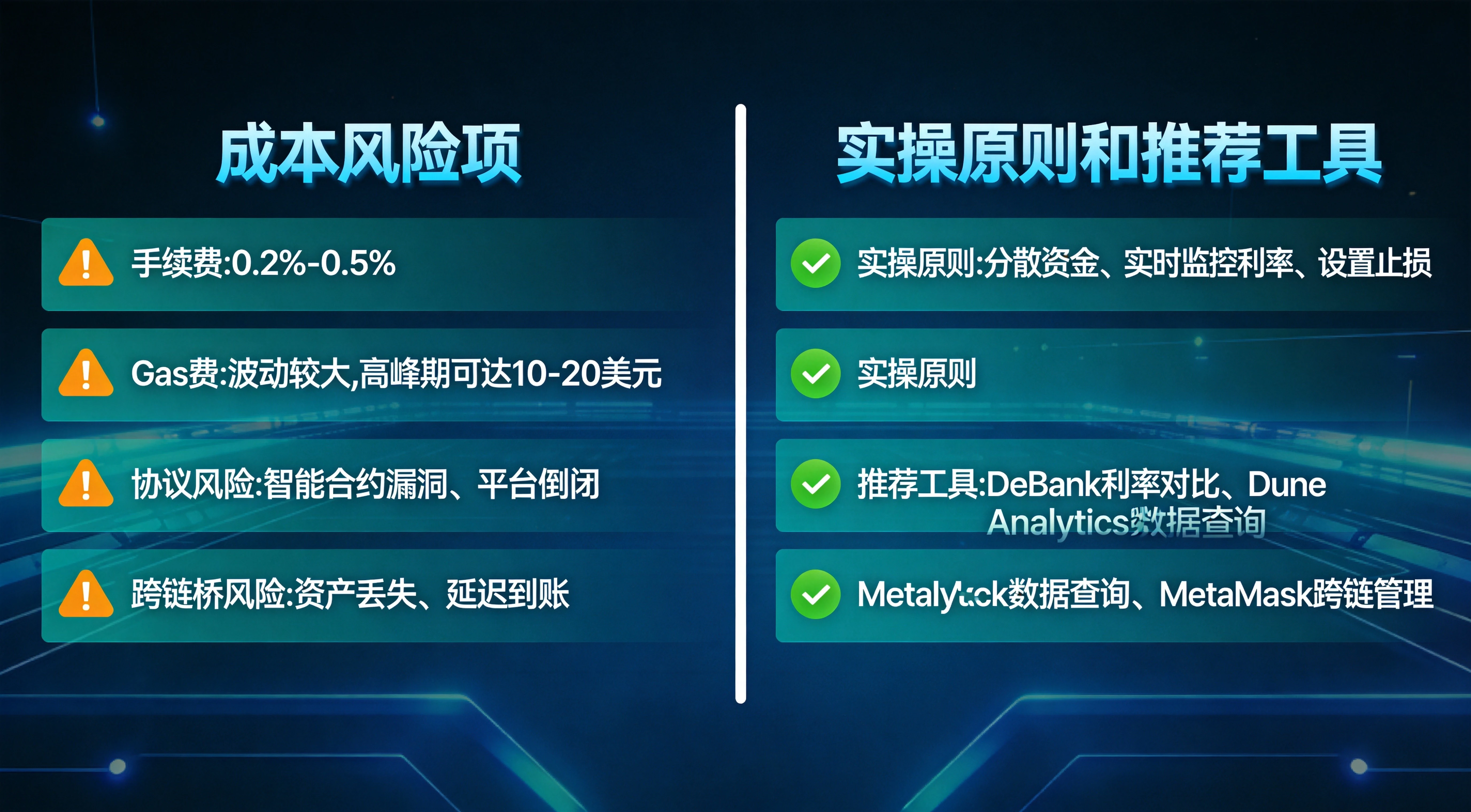 套利成本风险与实操建议总览图，清晰呈现稳定币套利过程中的核心成本项（手续费、Gas费、汇率损失等）和核心风险点（协议漏洞、跨链桥攻击、平台暴雷等），同时列出安全操作原则和实用工具推荐，帮助读者全面把握套利的风险与实操要点